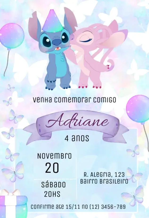 Convite Stitch e Angel – tema Aniversário Infantil colorido, divertido, tropical, temático, animado, infantil