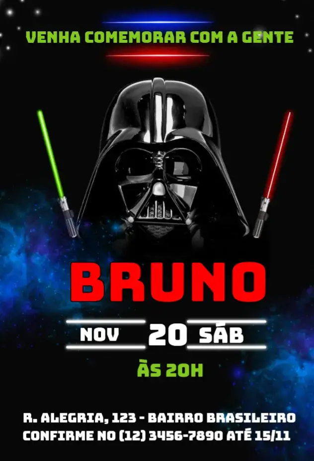 Convite Darth Vader – tema Cartão temático Star Wars, galáctico, futurista, escuro e vermelho, aventura, brincalhão