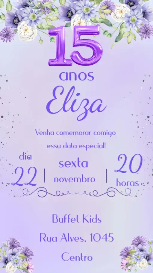 Convite 15 Anos – tema 15 anos lilás, floral, elegante, moderno, romântico