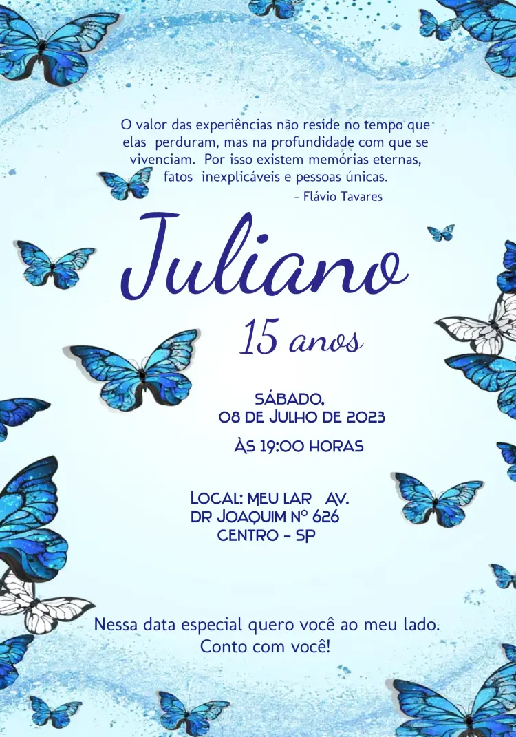 Convite 15 Anos Azul editável e personalizável