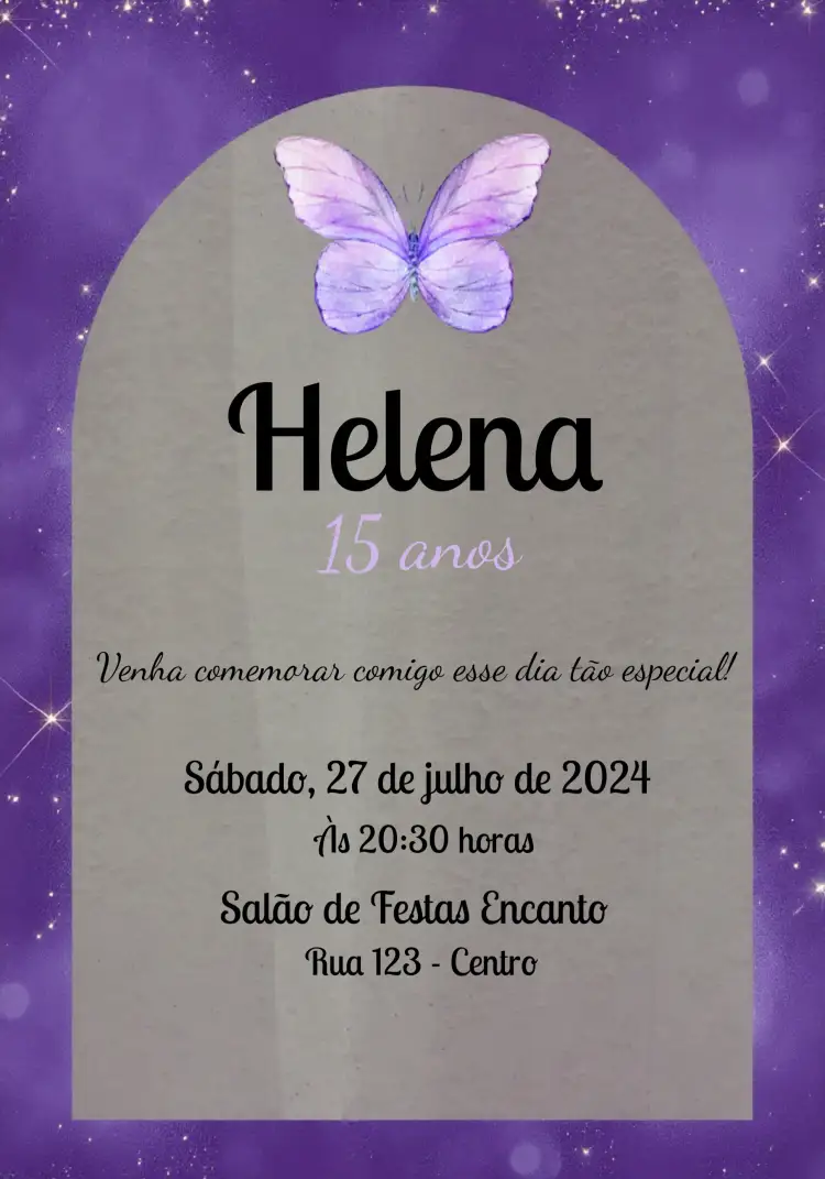 Convite 15 Anos Borboleta Luxo – tema 15 anos elegante, moderno, glitter, lilás e preto, borboleta