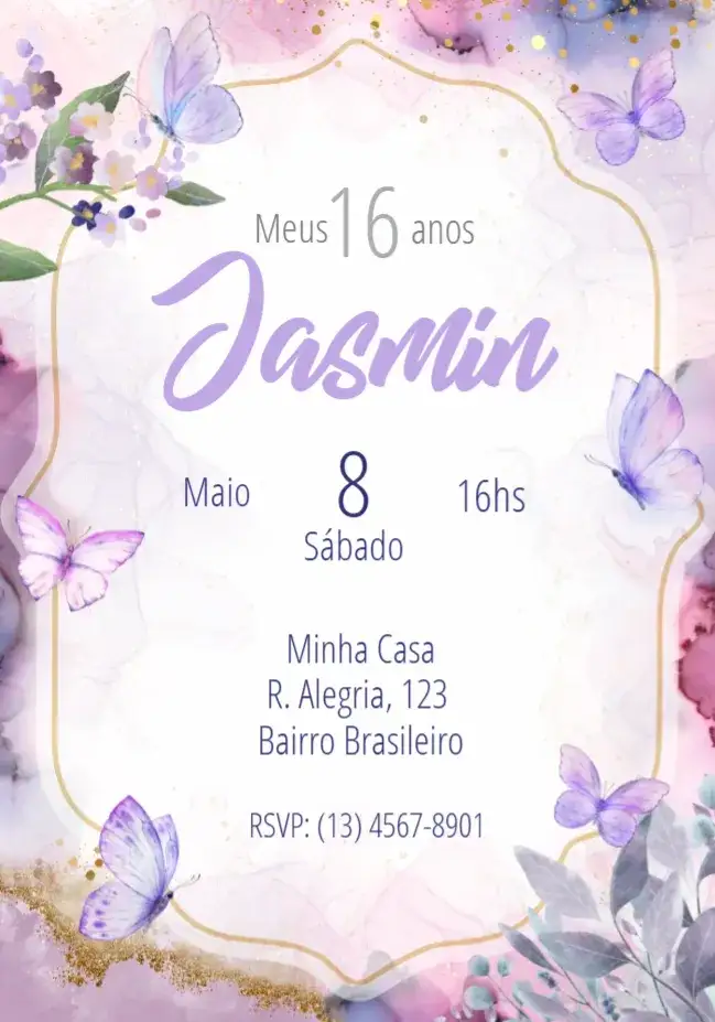 Convite 15 Anos Borboletas Debutante – tema 15 anos lilás, elegante, borboletas, romântico, moderno, feminino