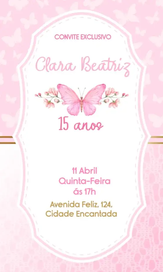 Convite 15 Anos Borboletas Dourado – tema 15 anos dourado, delicado, rosa, feminino, floral