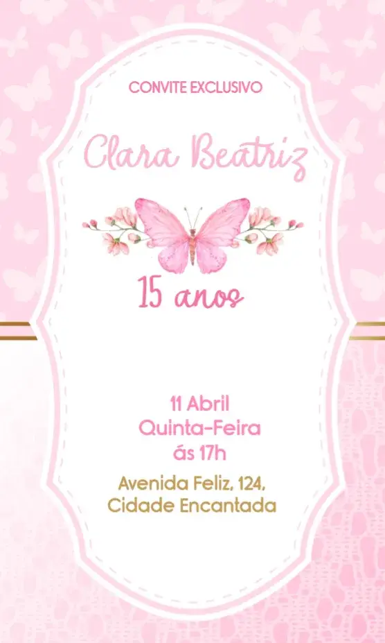 Convite 15 Anos Borboletas Dourado editável e personalizável