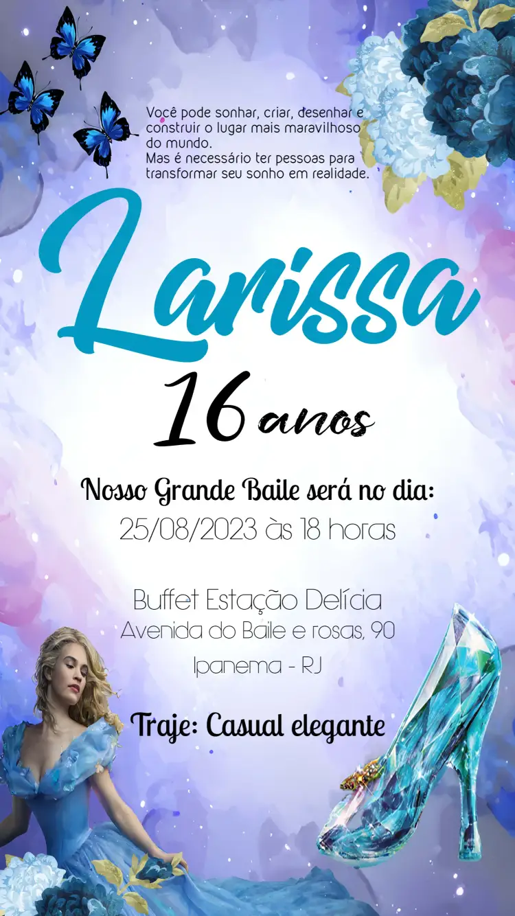 Convite 15 Anos Cinderela Debutante – tema 15 anos Cinderela, azul, elegante, moderno, temática de conto de fadas, sofisticado