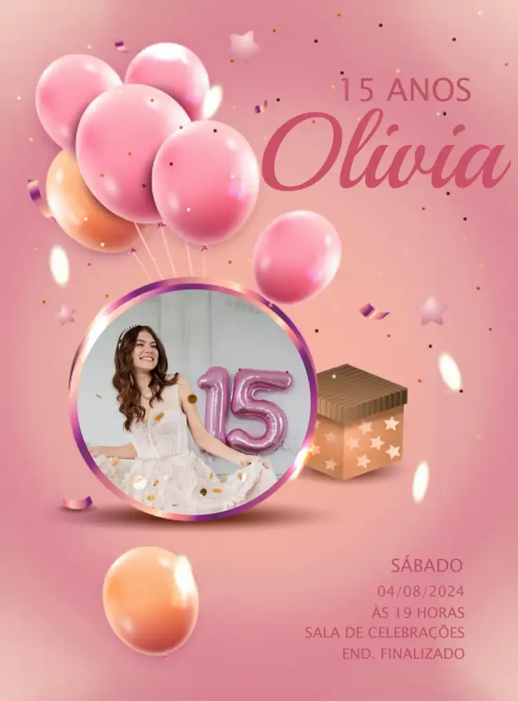 Convite 15 Anos Com Foto Presente – tema 15 anos rosa, glitter, delicado, festivo, moderno, alegre