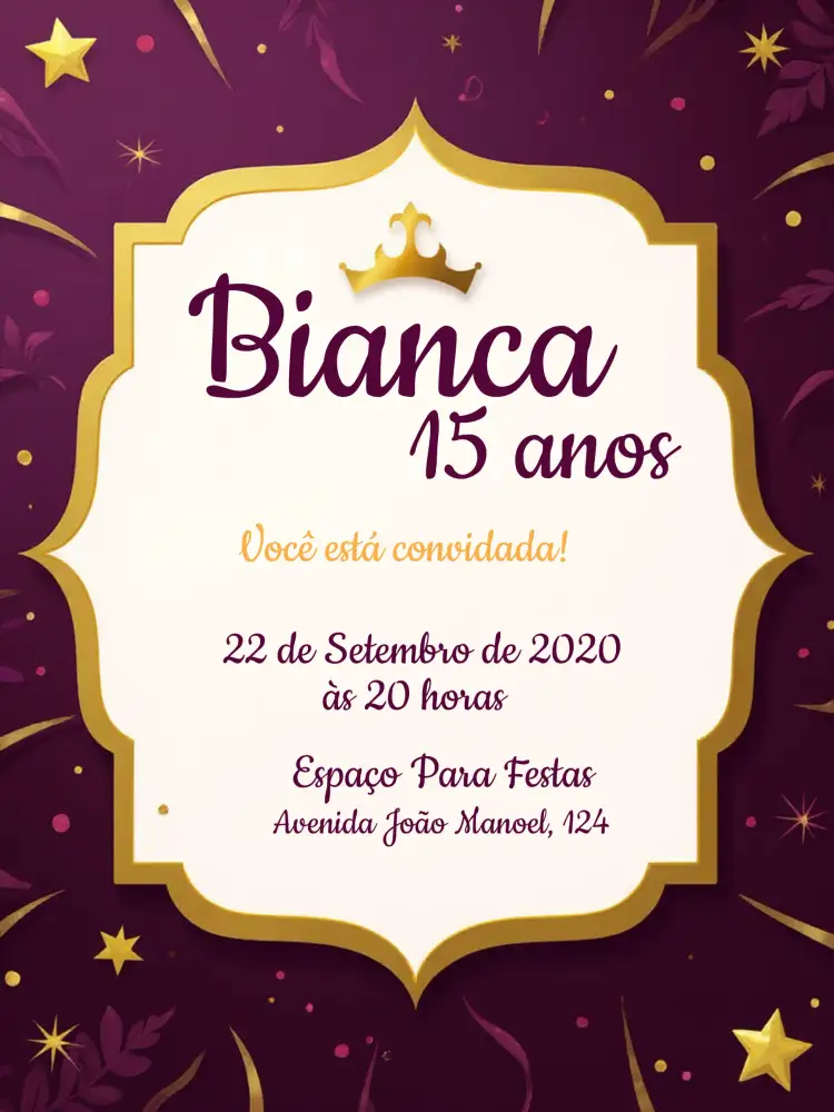 Convite 15 Anos Coroa Princesa - Roxo E Dourado – tema 15 anos roxo, dourado, realeza, elegante, feminino, luxuoso