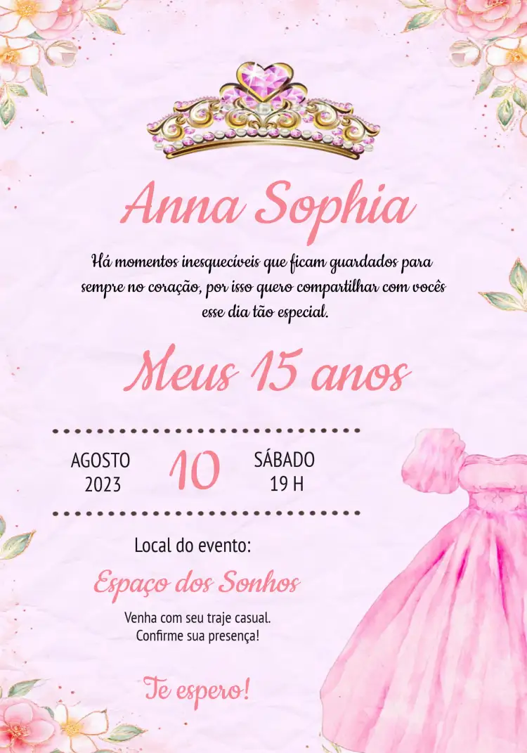 Convite 15 Anos Debutante – tema 15 anos rosa, glitter, princesa, elegante, moderno