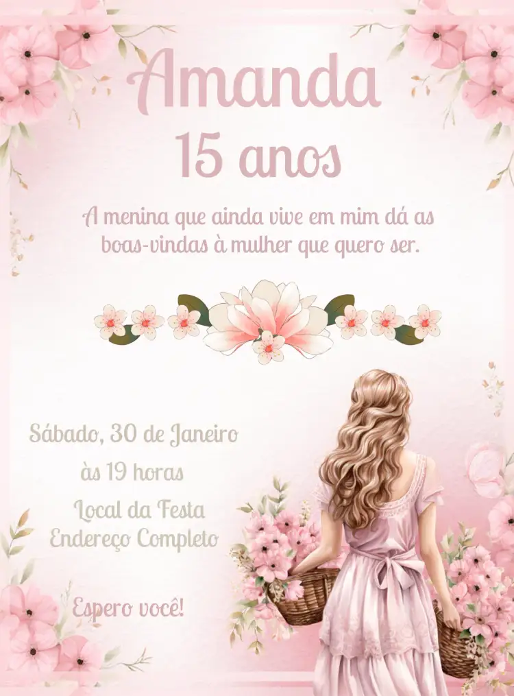 Convite 15 Anos Debutante Floral – tema 15 anos floral, romântico, delicado, vintage, moderno