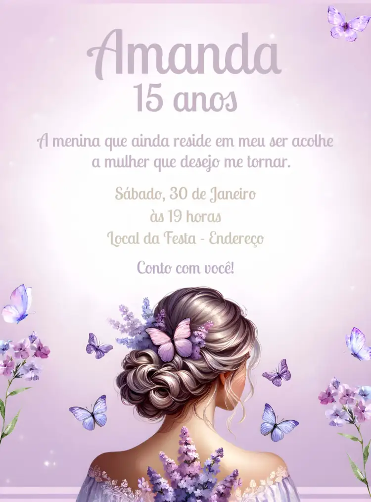 Convite 15 Anos Debutante Floral – tema 15 anos floral, roxo, elegante, delicado, feminino, moderno