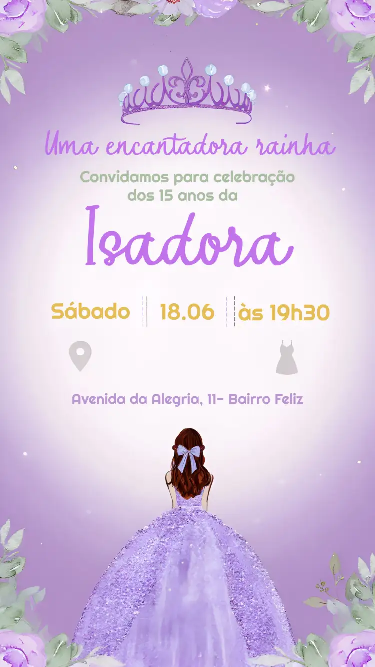 Convite 15 Anos Debutante Princesa – tema 15 anos lilás, roxo, princesa, romântico, elegante, festivo