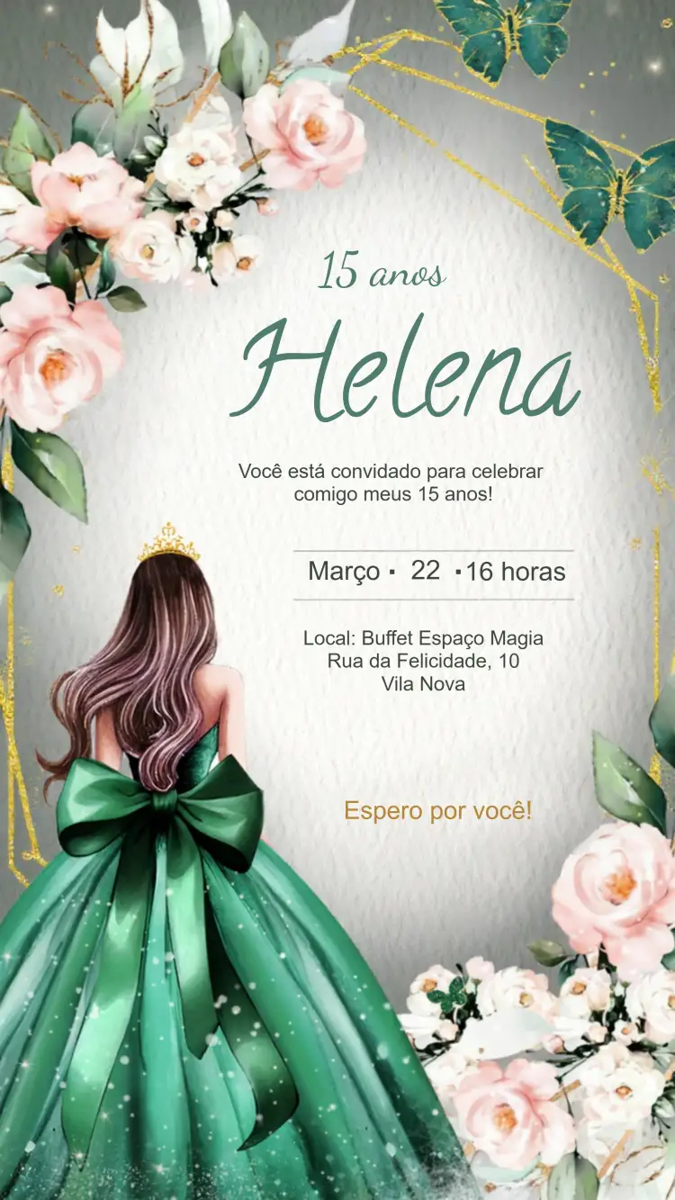 Convite 15 Anos Debutante Verde – tema 15 anos floral, elegante, verde, moderno, princesa, romântico