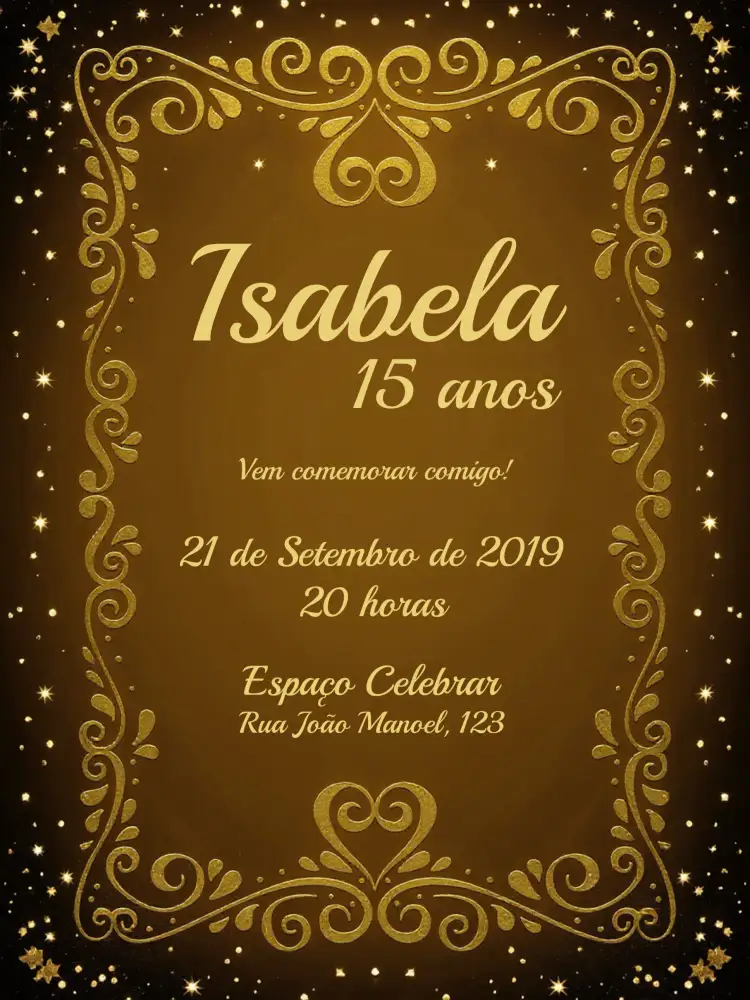 Convite 15 Anos Dourado - Arabescos Elegante – tema 15 anos dourado, elegante, arabescos, moderno, luxuoso, clássico