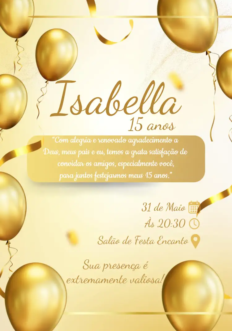 Convite 15 Anos Dourado Balões – tema 15 anos dourado, balões, festivo, elegante, jovem, colorido