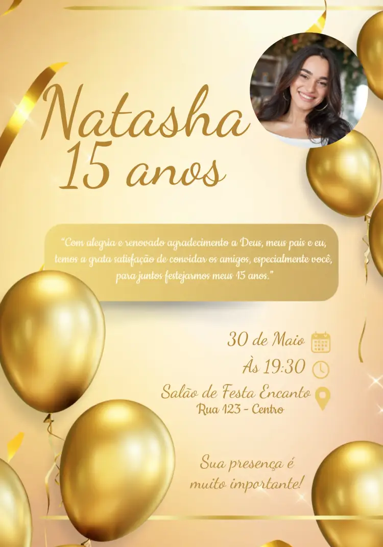 Convite 15 Anos Dourado Com Foto Balões