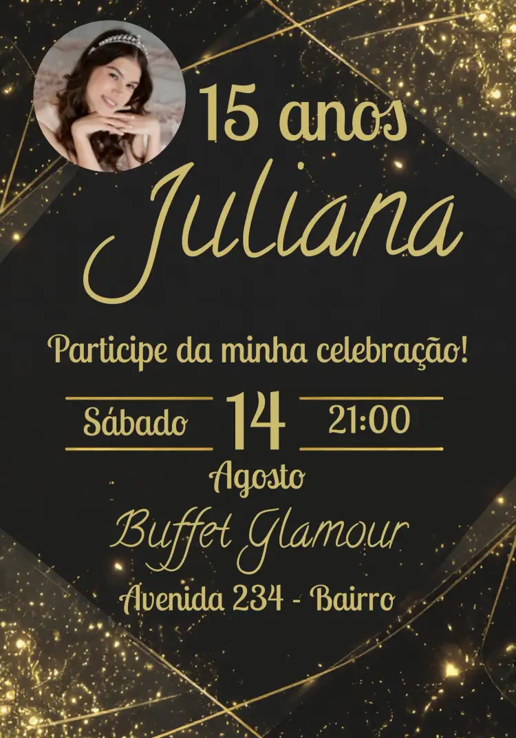 Convite 15 Anos Dourado Com Foto Preto – tema Aniversário dourado, preto, glitter, moderno, luxo, galáxia