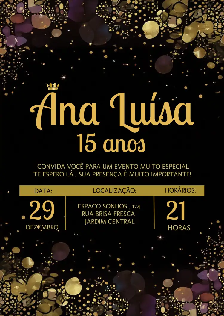 Convite 15 Anos Dourado E Preto Luxo – tema Aniversário Infantil dourado, preto, luxo, glamour, moderno, elegante