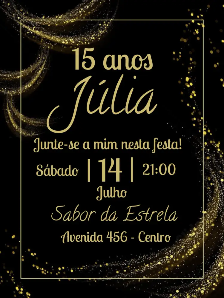 Convite 15 Anos Dourado Galáxia – tema Aniversário dourado, preto, glitter, moderno, estiloso, galáxia
