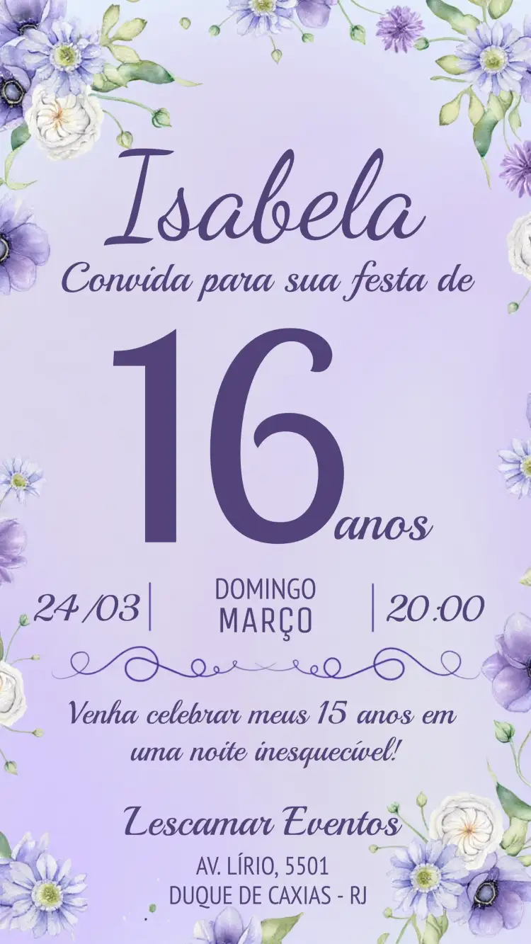 Convite 15 Anos Floral – tema 15 anos floral, lilás, elegante, romântico, princesa, moderno