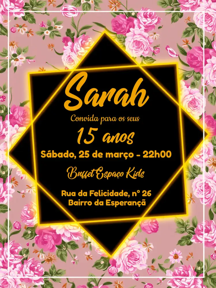 Convite 15 Anos Floral Amarelo – tema 15 anos floral, amarelo, rosa, elegante, moderno
