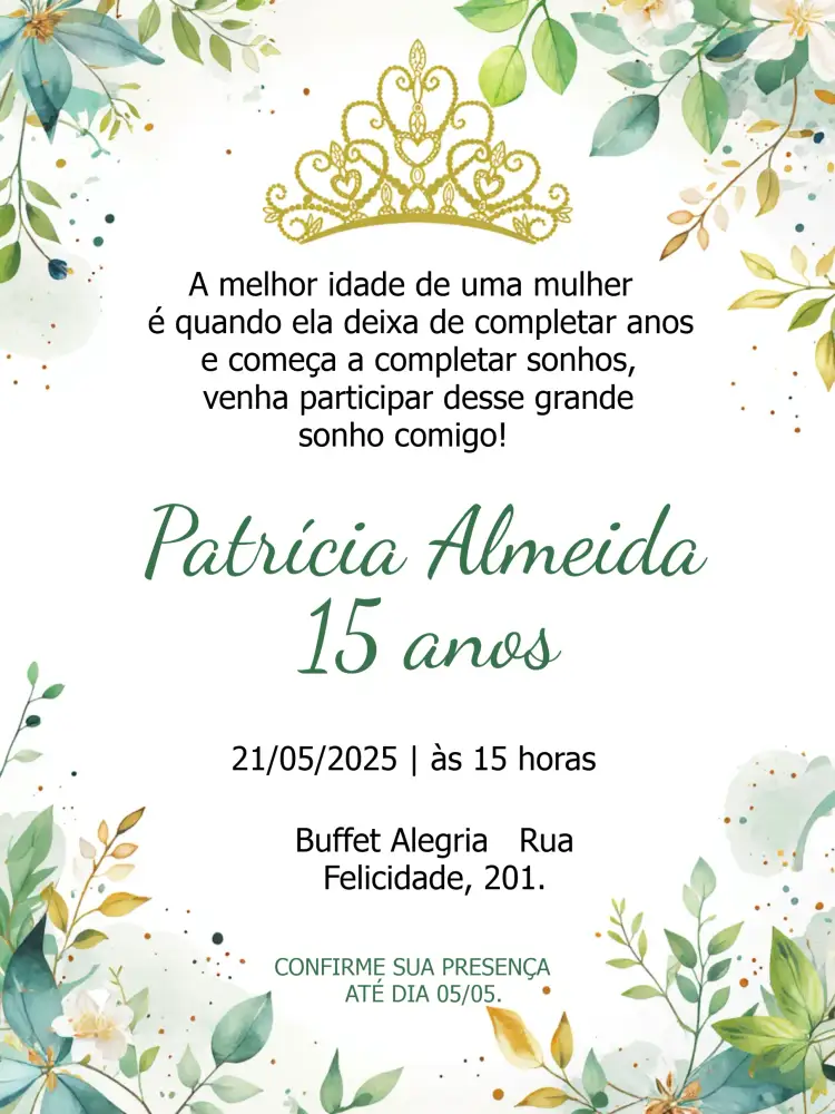Convite 15 Anos Floral Aquarela – tema 15 anos floral, aquarela, verde, romântico, elegante, princesa