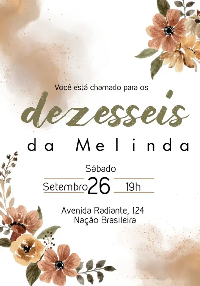 Convite 15 Anos Floral Aquarela – tema 15 anos floral, aquarela, moderno, elegante, colorido, vibrante