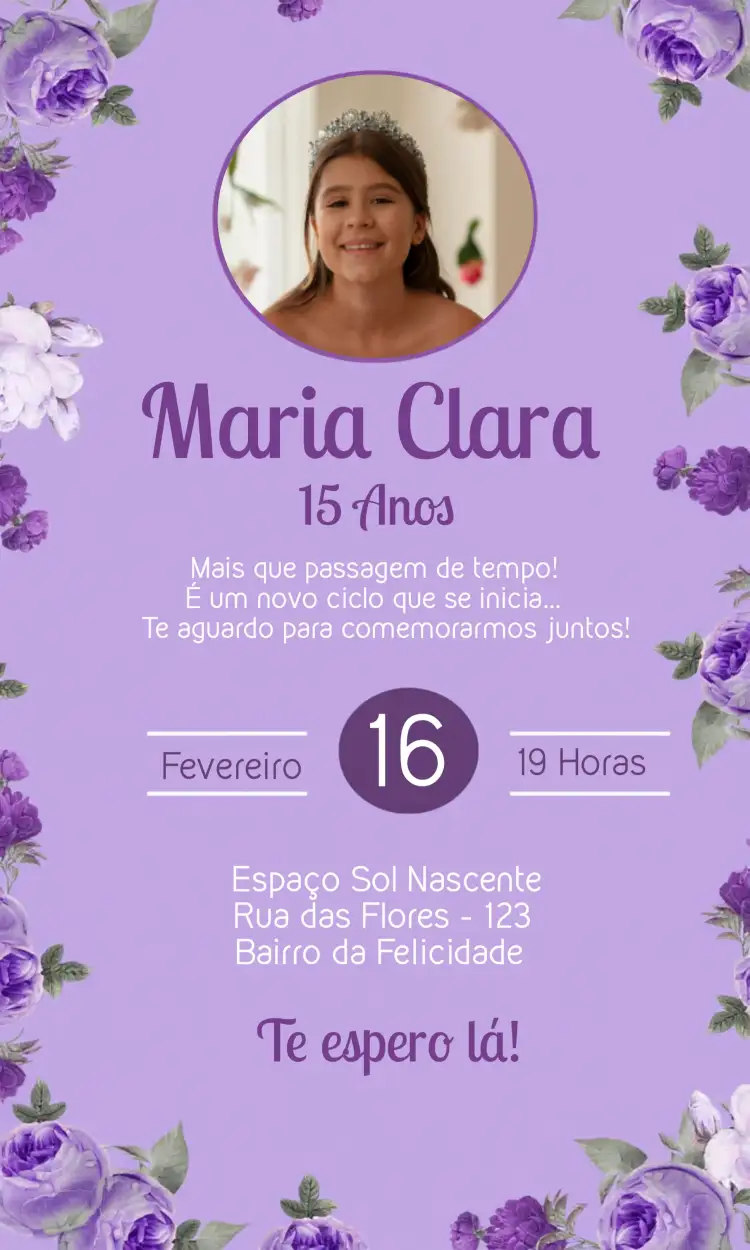 Convite 15 Anos Floral Com Foto – tema 15 anos floral, lilás, elegante, feminino, moderno, romântico