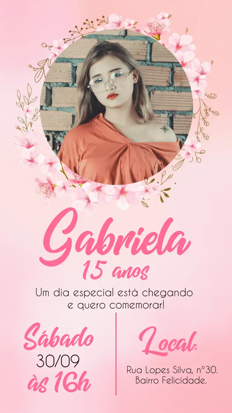 Convite 15 Anos Floral Com Foto Rosa – tema 15 anos floral, romântico, delicado, elegante, moderno, feminino
