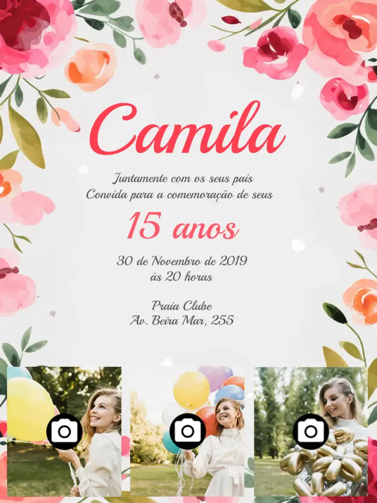 Convite 15 Anos Floral Debutante – tema 15 anos floral, aquarela, elegante, delicado, clássico, luxuoso