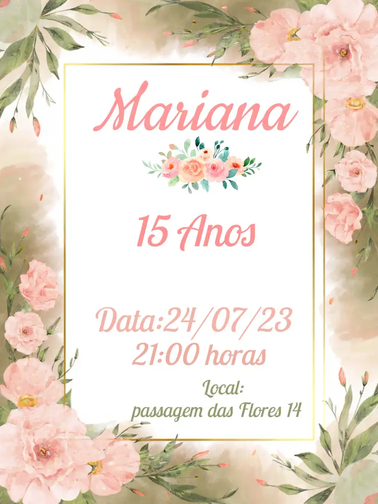Convite 15 Anos Floral Debutante – tema 15 anos floral, romântico, elegante, dourado, vintage, modern