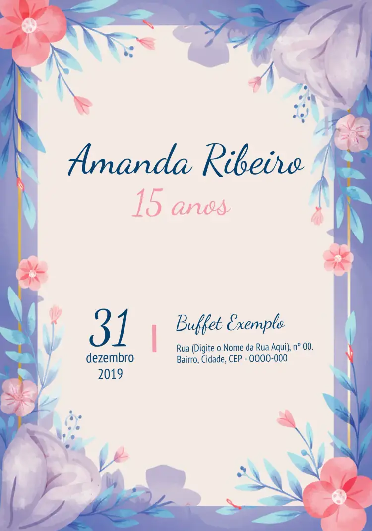 Convite 15 Anos Floral Delicado – tema 15 anos floral, delicado, aquarela, romântico, suave