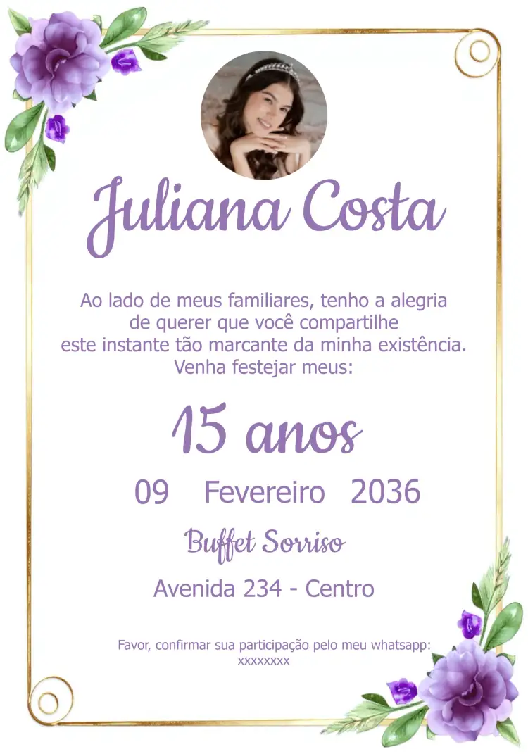 Convite 15 Anos Floral Lilás Com Foto Verde – tema 15 anos floral, romântico, elegante, moderno, dourado, jovial