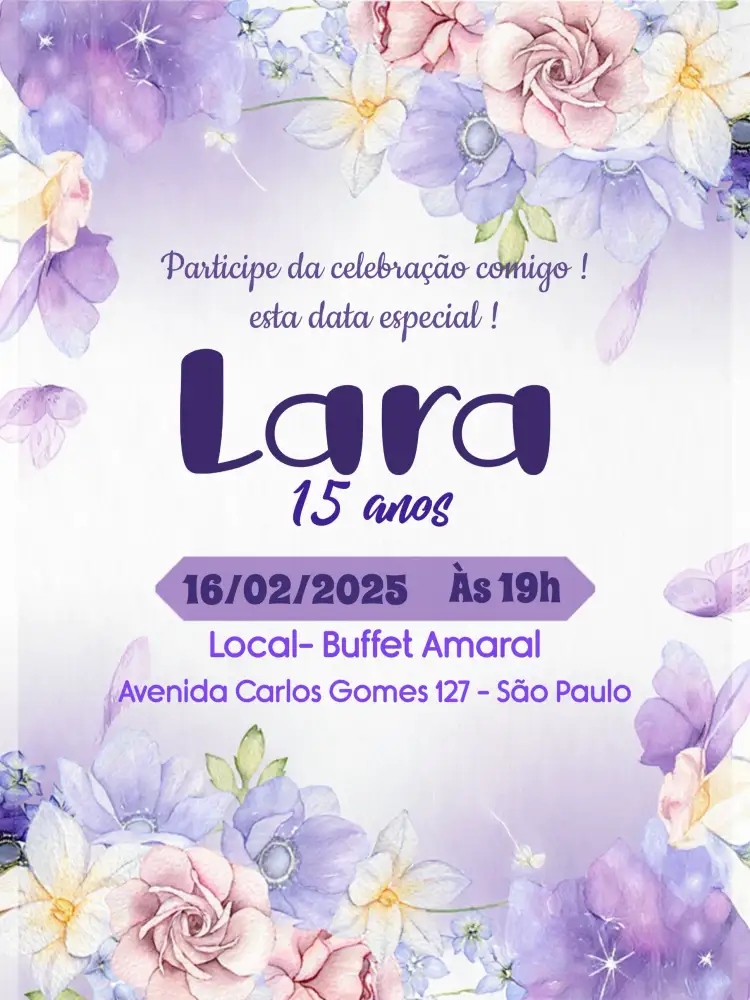 Convite 15 Anos Floral Lilás – tema 15 anos floral, feminino, delicado, moderno, elegante