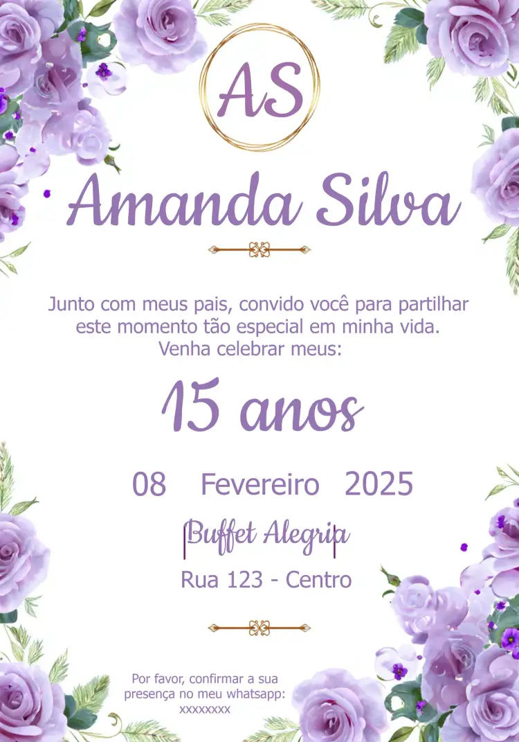 Convite 15 Anos Floral Lilás Roxo – tema 15 anos floral, lilás, roxo, elegante, romântico