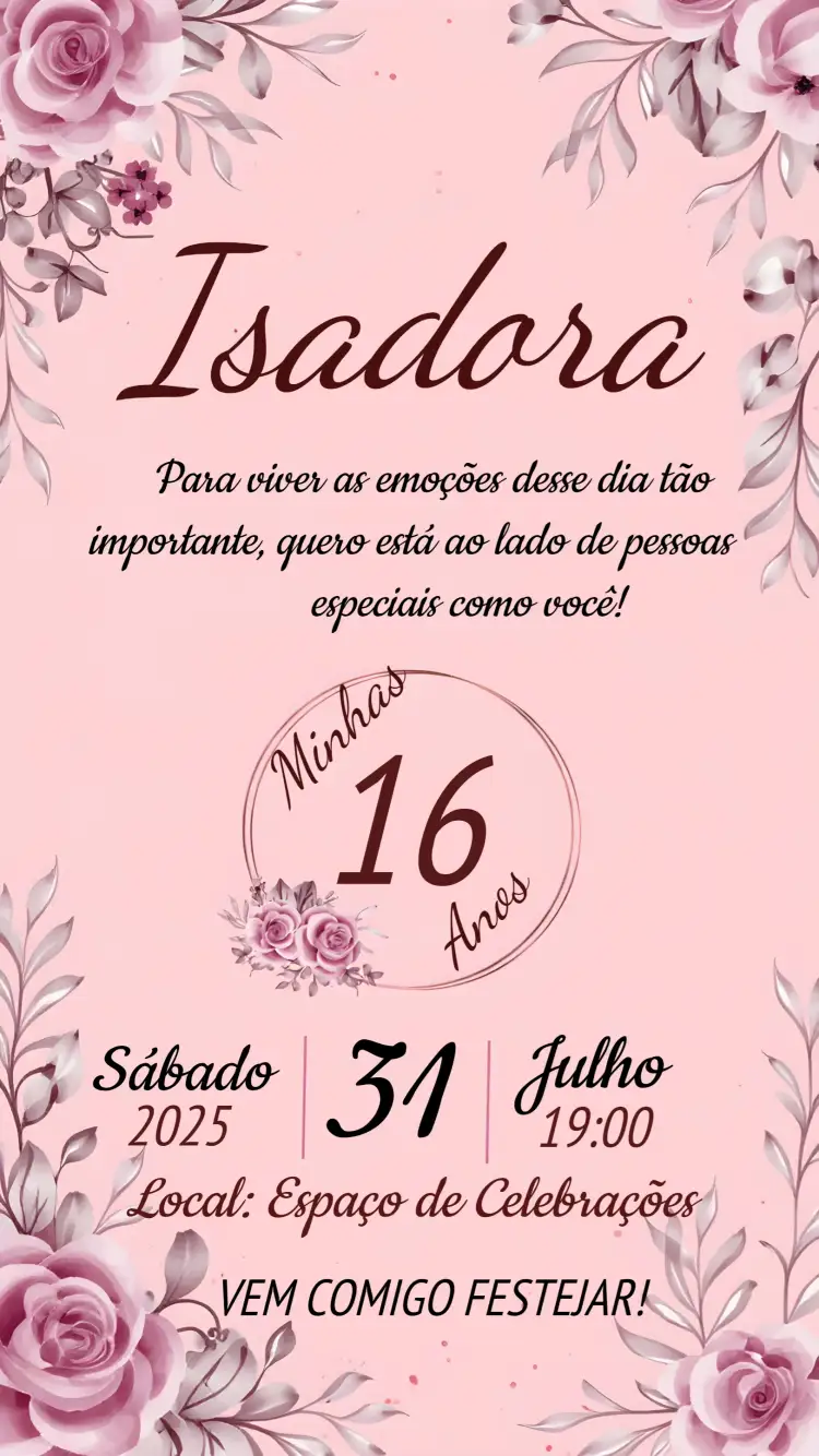 Convite 15 Anos Floral Menina – tema 15 anos floral, rosa, delicado, moderno, feminino