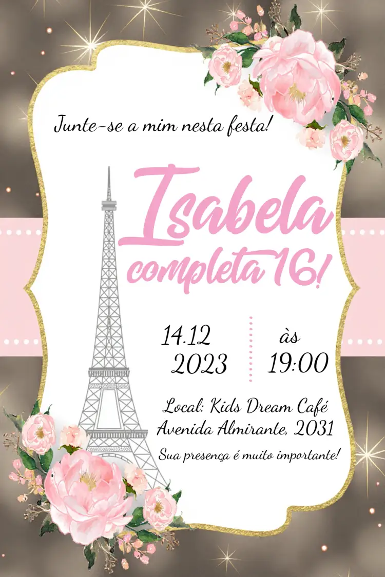 Convite 15 Anos Floral Paris – tema 15 anos floral, romântico, dourado, elegante, moderno, parisiense