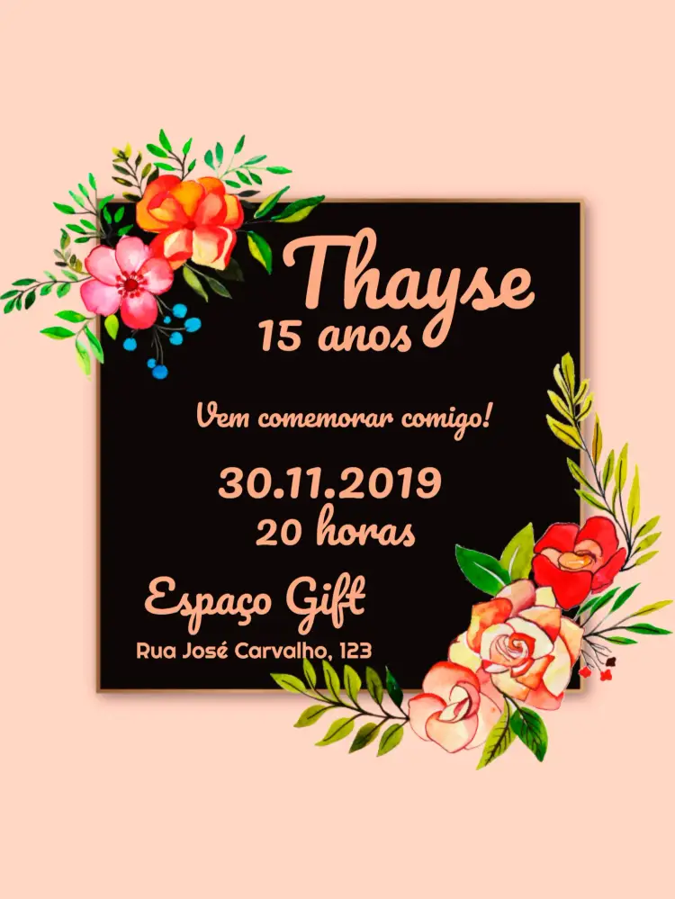 Convite 15 Anos Floral Preto