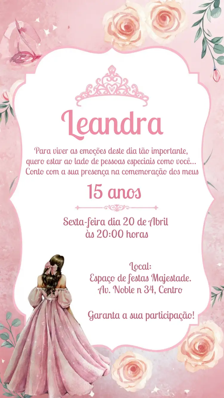 Convite 15 Anos Floral Princesa – tema 15 anos floral, romântico, pastel, elegante, princesa, moderno