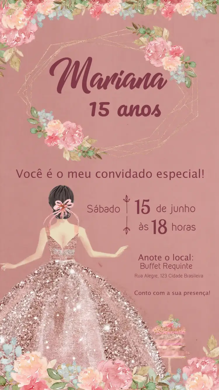 Convite 15 Anos Floral Princesa Debutante – tema 15 anos floral, rosa, princesa, glitter, elegante, romântico