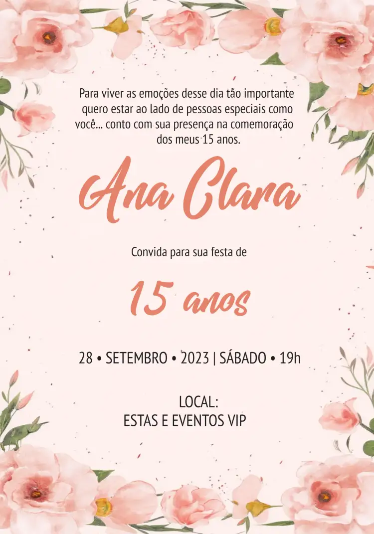 Convite 15 Anos Floral Rosa – tema 15 anos floral, rosa, delicado, elegante, moderno, romântico