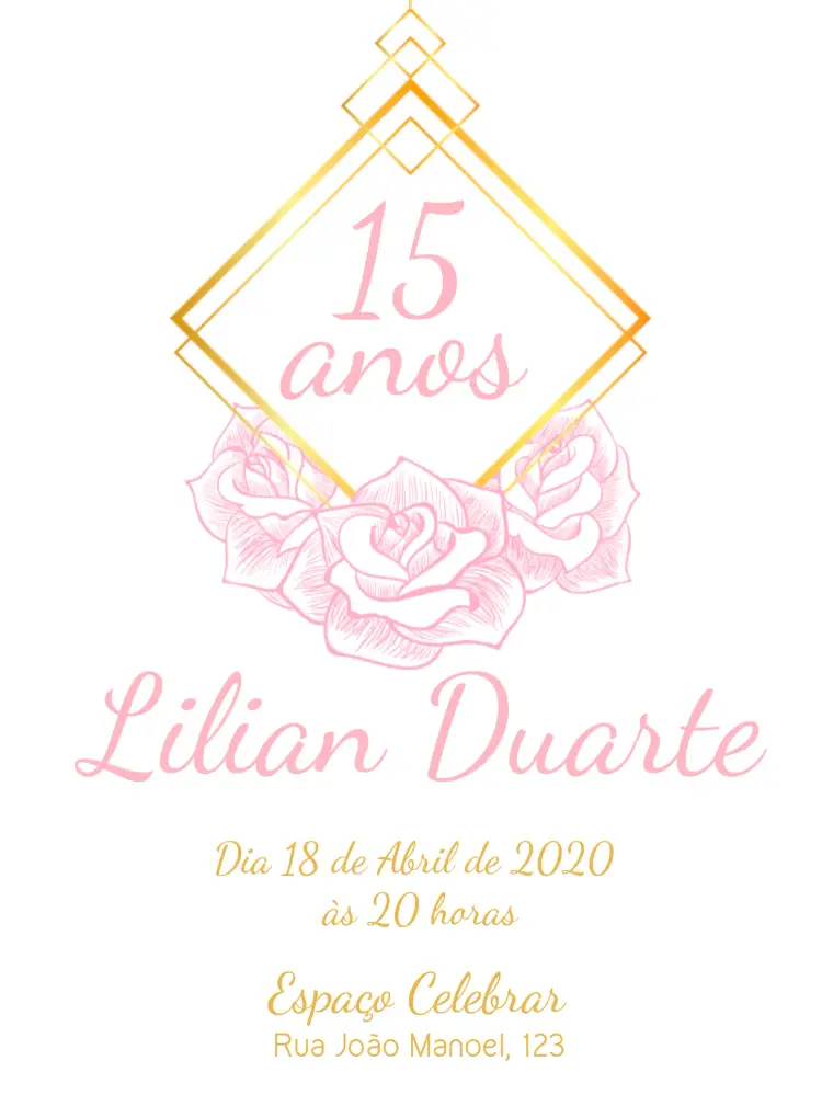 Convite 15 Anos Floral - Rosa Com Dourado Minimalista