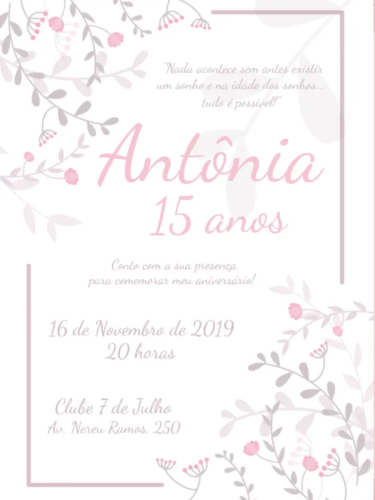 Convite 15 Anos Floral - Rosa E Branco Banco