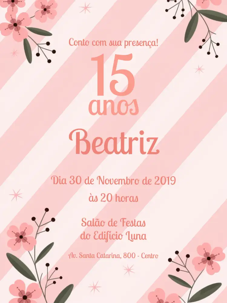 Convite 15 Anos Floral - Rosa Flore – tema 15 anos floral, minimalista, rosa, delicado, romântico, moderno