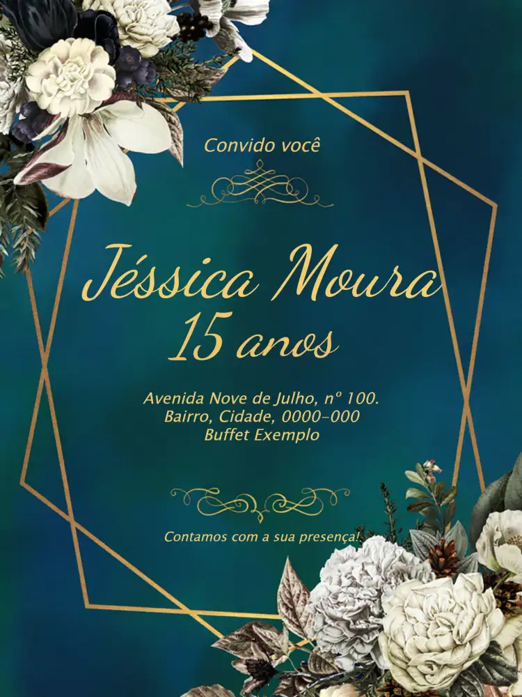 Convite 15 Anos Floral Rosas – tema 15 anos floral, verde, romântico, elegante, moderno