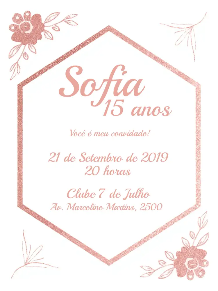 Convite 15 Anos Floral - Rosê E Glitter Gold – tema 15 anos floral, rosê, glitter gold, elegante, delicado, moderno