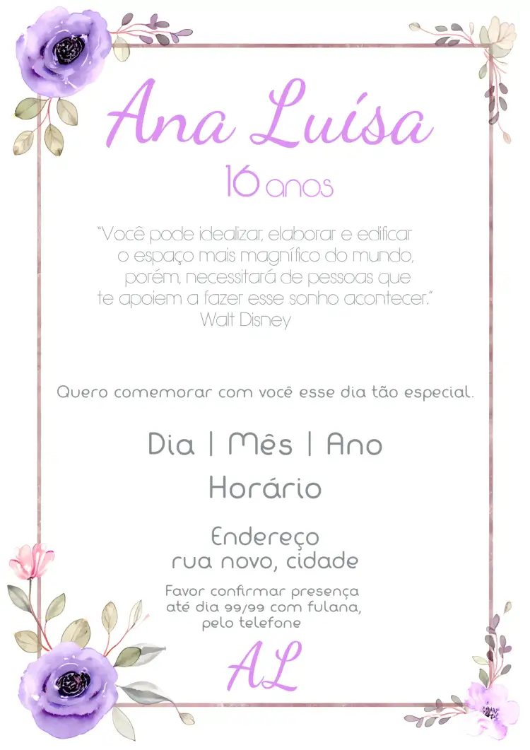 Convite 15 Anos Floral Roxo – tema 15 anos floral, roxo, lilás, romântico, moderno, elegante