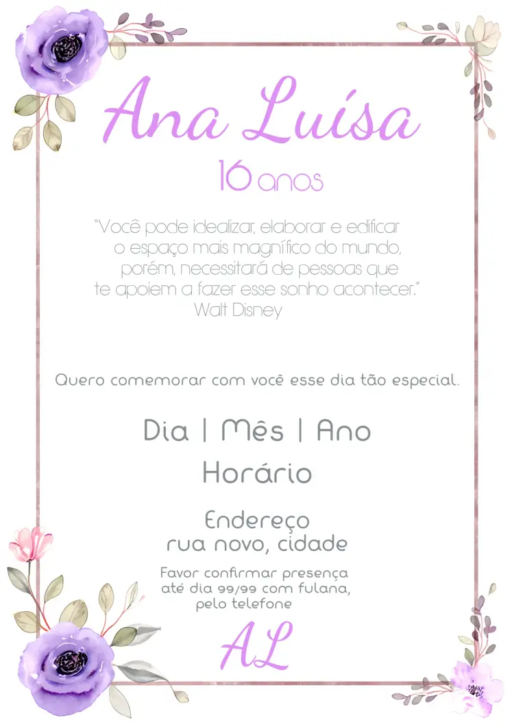 Convite 15 Anos Floral Roxo