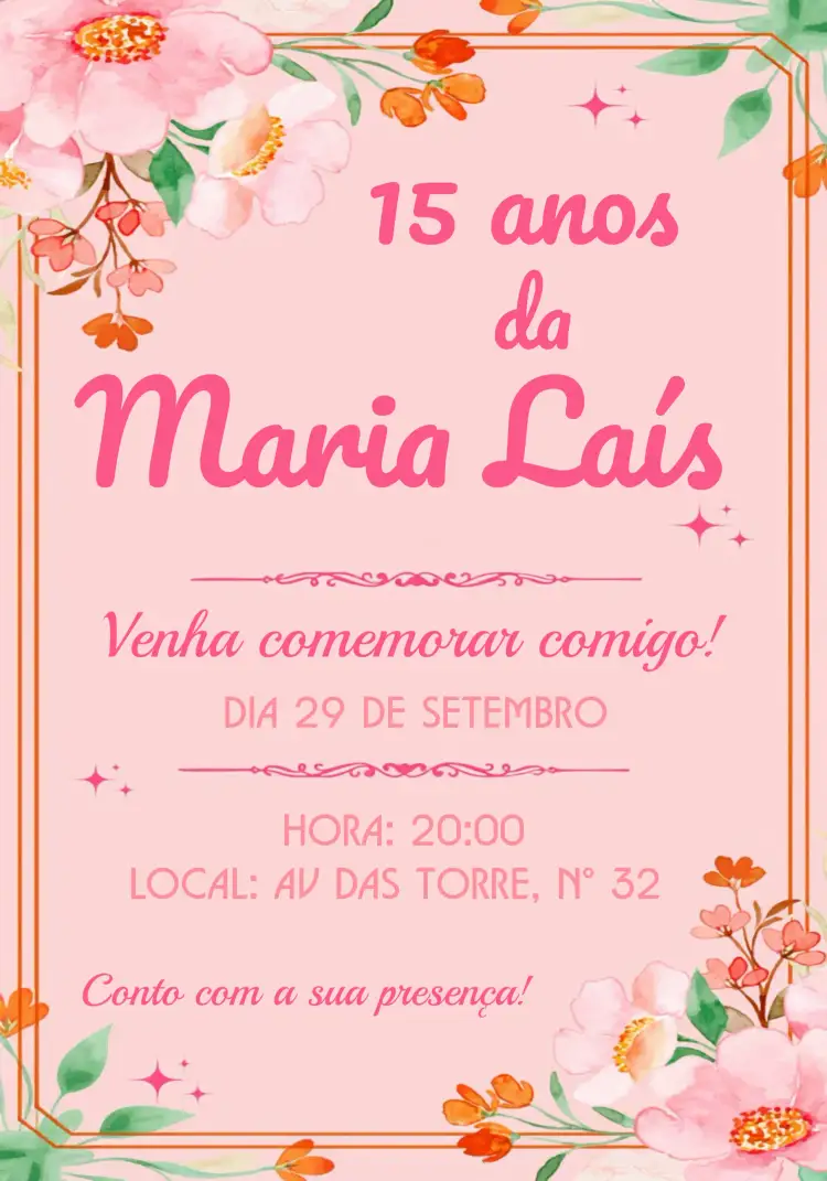 Convite 15 Anos Floral Roxo – tema 15 anos floral, roxo, elegante, moderno, vibrante