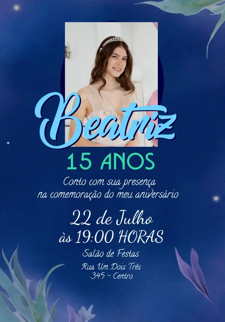 Convite 15 Anos Fundo Do Mar Com Foto Menina – tema Aniversário Infantil fundo do mar, azul e coral, elementos marinhos, divertido, colorido, jovial