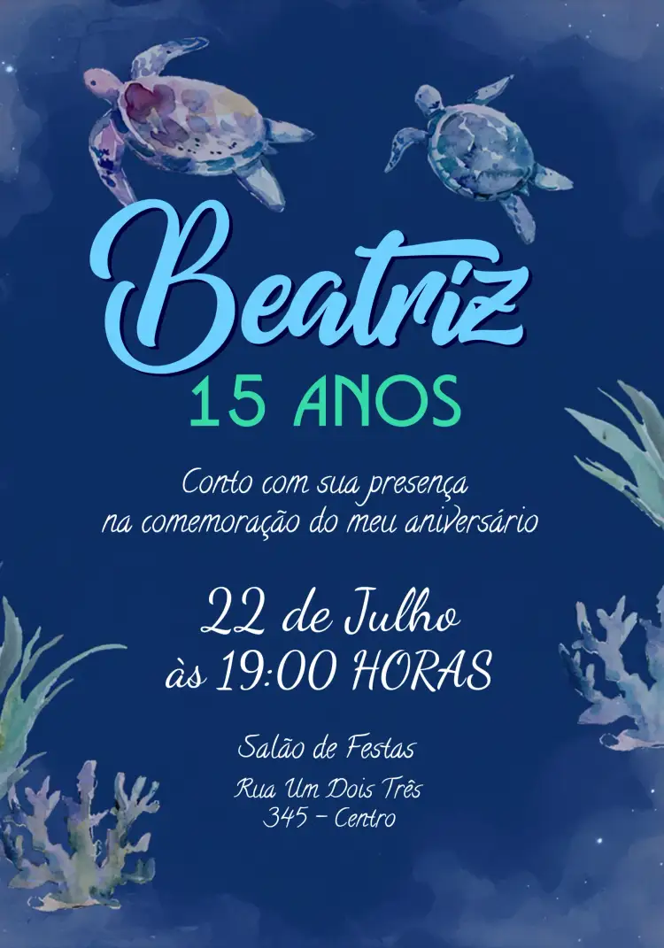Convite 15 Anos Fundo Do Mar Foto – tema Aniversário Infantil fundo do mar, azul e coral, temática aquática, festivo, colorido, divertido